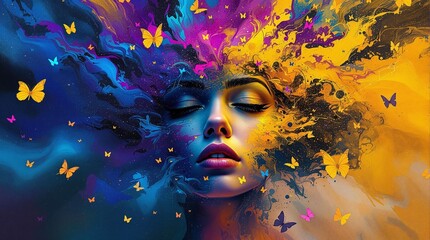 Surreal portrait with butterflies and vibrant colors
