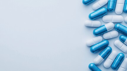 Close-up View of Colorful Blue and White Capsules on a Smooth Surface, Medical and Pharmaceutical Concept for Health and Wellness, Isolated Background