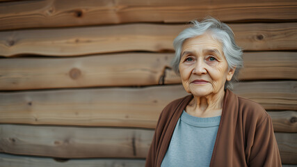 Old woman in front of wooden wall. Generative AI