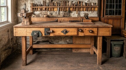 Fototapeta premium Antique Woodworking Bench With Tools And Drawers