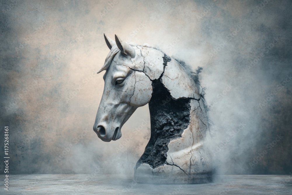 Poster A hyper-realistic depiction of a marble chess knight, showing every detail of its carved mane, cracks, and texture under soft light