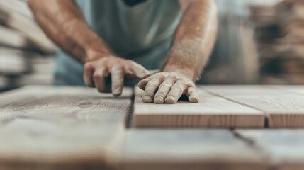 Detailed Close-Up of a Craftsman Working with Wood, Showcasing Skillful Hands, Focused on Precision and Craftsmanship in a Workshop Setting