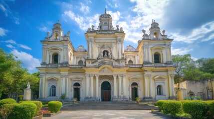 Obraz premium Stunning Architectural Details of a Historic Church Surrounded by Lush Greenery Under a Bright Blue Sky, Capturing the Essence of Religious Heritage and Beauty