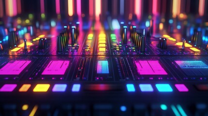 Obraz premium Neon Lit Dj Mixer Control Panel Synth