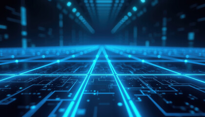Obraz premium Futuristic glowing blue digital grid perspective
