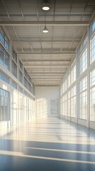 A spacious exhibition hall with high ceilings, large windows, and simple, neutral-colored floors, providing a great environment for product displays and text