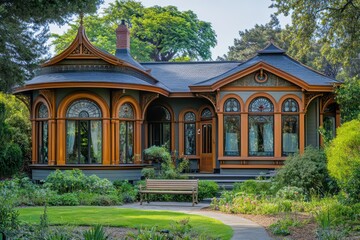 Fototapeta premium A Victorian-style house with rounded bay windows, decorative wood details, and a serene garden bench