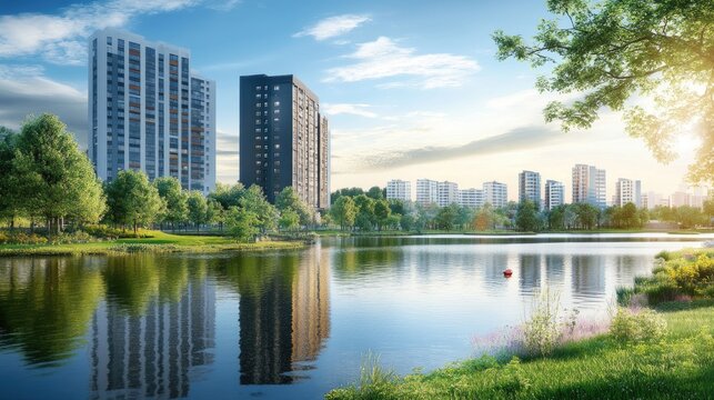 Modern apartment buildings beside a calm lake with lush green trees