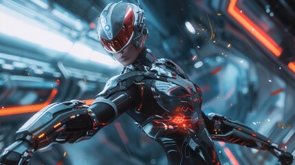 Fototapeta premium Futuristic female warrior in sleek high-tech armor ready for battle in neon-lit environment