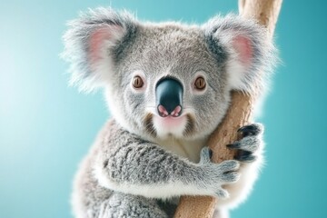 Obraz premium A koala perched high on a eucalyptus tree, with the vibrant blue Australian sky as the backdrop