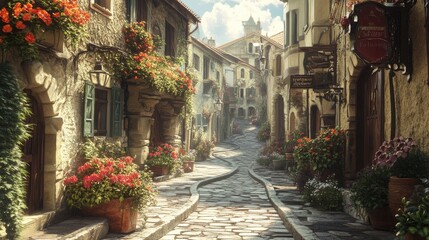 Fototapeta premium Charming Cobblestone Street With Flower Pots And Old Buildings