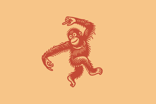 Funny dancing orangutan. Vintage vector egravure illustration in orange color. Logo, icon, isolated object
