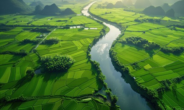 航拍绿色稻田梯田河流自然生态背景