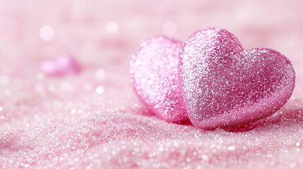 Fototapeta premium Two Glittering Pink Hearts Symbolizing Love and Romance on a Sparkling Background. Emotions of love and romance.