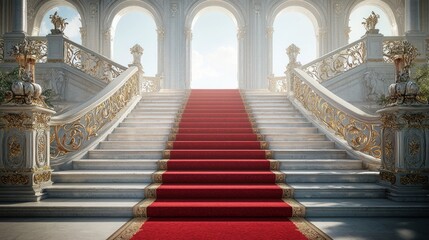 Grand staircase with ornate design and red carpet leading upwards.