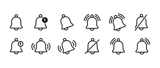 Notification bell set collection in outline style. Alert, reminder sign symbol