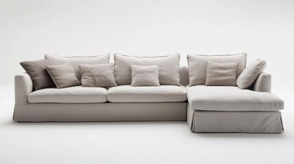 Fototapeta premium Cozy and Modern Beige Sofa with Plush Cushions and Relaxing Chaise Lounge Perfect for Contemporary Living Room Decor and Comfortable Seating Areas