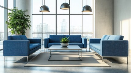 Modern blue office sofas city view waiting area