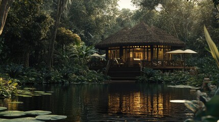 Fototapeta premium Tropical Thatched Hut Lakeside Jungle Retreat