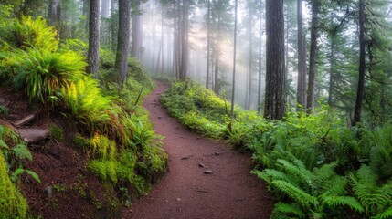 Misty Forest Trail Sunlight Through Trees