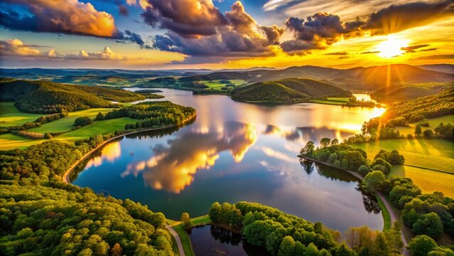 Stunning Aerial View of Lake Reba at Sunset, Calm Water, Scenic Landscape