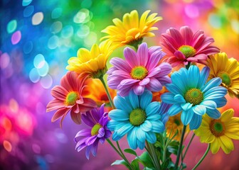 Vibrant rainbow daisies burst in a colorful spring bouquet, a stunning floral photograph.