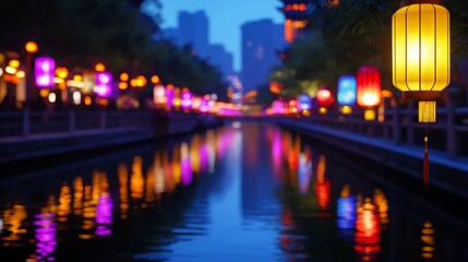 Fototapeta premium A serene canal scene illuminated by colorful lanterns at dusk.