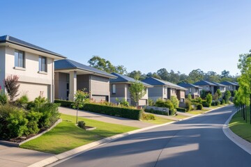 Tranquil Residential Neighborhood with Modern Houses Surrounded by Lush Greenery and Clear Blue Sky in the Early Morning Light