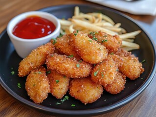 Fototapeta premium A plate of fried chicken with a side of french fries