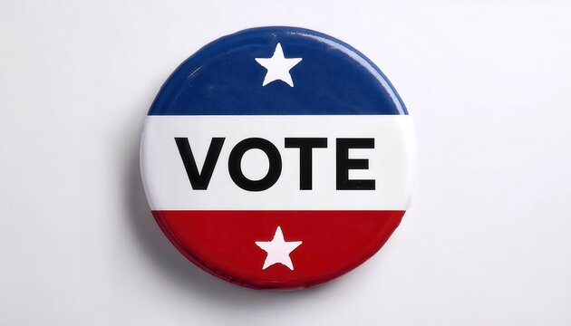 Red, white, and blue political campaign button with bold "VOTE" text, stars, and stripes, symbolizing American elections and voter participation.






