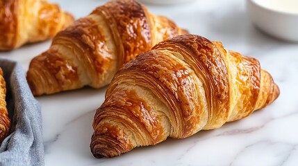 Golden-brown croissants on marble surface.