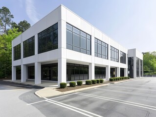 Modern Office Building Exterior with Large Windows Surrounded by Greenery on Bright Sunny Day