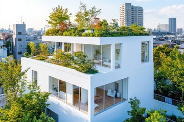 A white cubic home with floor-to-ceiling windows, a rooftop garden, and minimal landscaping