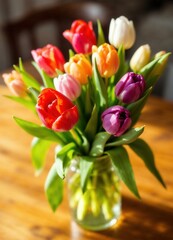 Glass vase with vibrant freshly cut tulips on a wooden table.