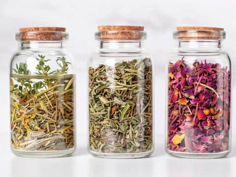 Three glass jars filled with dried herbs and flowers, showcasing natural ingredients with cork lids, set against a light background.