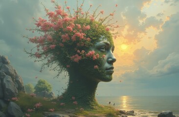 Surreal landscape of a woman&rsquo;s face merged with nature, covered in greenery and blooming flowers at sunset.