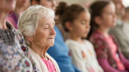 A serene elderly woman surrounded by a diverse audience, embodying reflection and tranquility, showcasing themes of mindful engagement and inclusivity in a harmonious and peaceful environment.