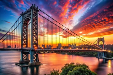 Obraz premium Stunning Bokeh View from Below the George Washington Bridge at Sunset