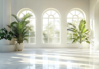 A white room with arched windows and plants, creating an airy atmosphere. 