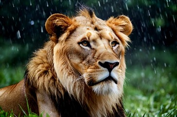 Obraz premium Heartwarming scene of a young lion, its eyes filled with curiosity, exploring the world on a rainy day.