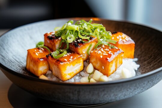 A plate of grilled eel (jangeo gui) with a sweet soy glaze, served with garlic and sliced green onions