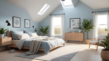 Bed with turquoise bedding in farmhouse attic. Interior design 