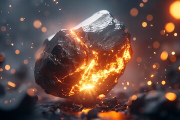 A glowing meteorite rendered in 3D, showing detailed textures and radiant light illuminating a dark environment