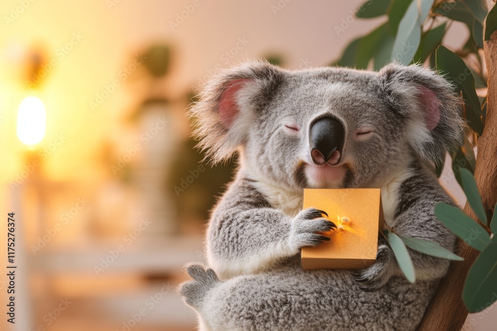 Poster a serene koala resting on a tree branch at sunset, with warm orange light creating a dreamy atmosphe