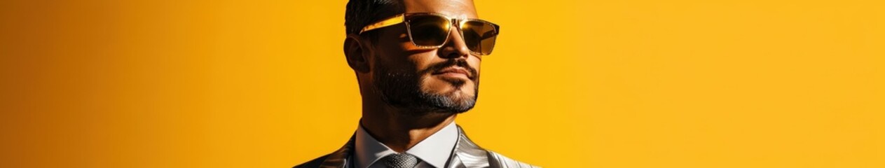 Obraz premium Stylish man in sunglasses poses confidently against a vibrant yellow backdrop