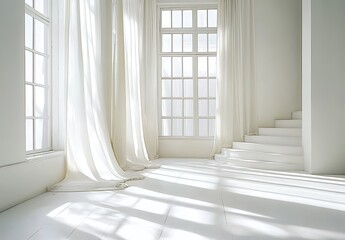 Obraz premium A bright, white room with a window and curtains, creating an empty space for text or product display.