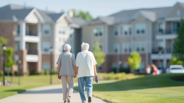 Elderly Couple Strolling Together in a Residential Community on a Bright Sunny Day Surrounded by Lush Greenery and Modern Apartment Buildings
