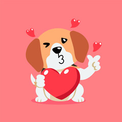 Fototapeta premium Vector cartoon valentine cute beagle dog holding a big red heart for design.