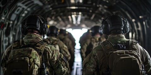 Soldiers in military aircraft, rear view.