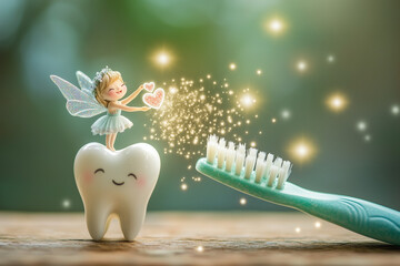 A tooth fairy sprinkling heart-shaped sparkles over a toothbrush, postcard design, valentine concept, dental